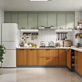 Modern Kitchen Interior With Green Upper Cabinets Wooden Lower Cabinets White Refrigerator And Window Blinds