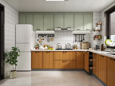 Modern Kitchen Interior With Green Upper Cabinets Wooden Lower Cabinets White Refrigerator And Window Blinds 3d model