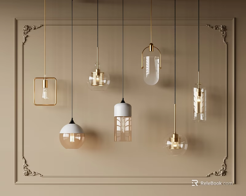 Modern Pendant Lights with Various Designs on Beige Decorative Framed Wall 3d model 