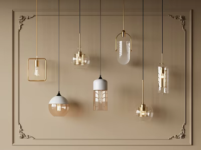Modern Pendant Lights with Various Designs on Beige Decorative Framed Wall 3d model