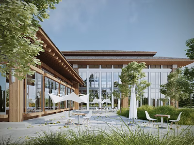 Modern Commercial Complex With Wooden Structure Glass Curtain Walls Greenery And Outdoor Leisure Area 3d model