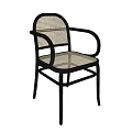 Stylish Modern Leisure Chair With Rattan Weave Seat Backrest And Black Metal Armrest Frame