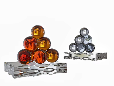 Modern Decorative Ornament Set With Orange Gray Spheres Pyramid Shaped Transparent Wavy Base 3d model