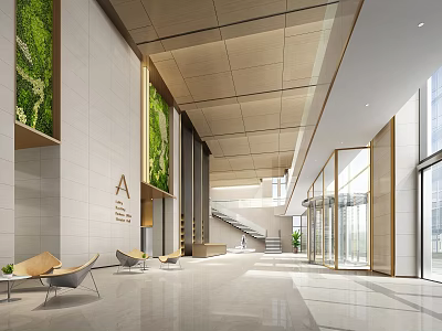 Spacious Modern Hotel Lobby Interior With Living Plant Walls Marble Flooring And Lounge Chairs 3d model