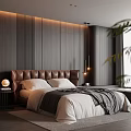 Modern Bedroom With Wooden Wall Paneling Leather Headboard White Bedding Pendant Light And Green Plant