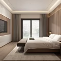 Modern Bedroom With Wooden Wall Wardrobe King Size Bed Nightstands Table Lamps Bench And Sunlight