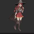 Witch Character With Red Hair Gray Hat Cloak And Small Fox Creature