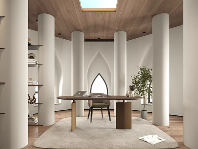 Modern Study Room Interior Design With Wooden Ceiling Skylight White Columns Desk And Chair 3d model