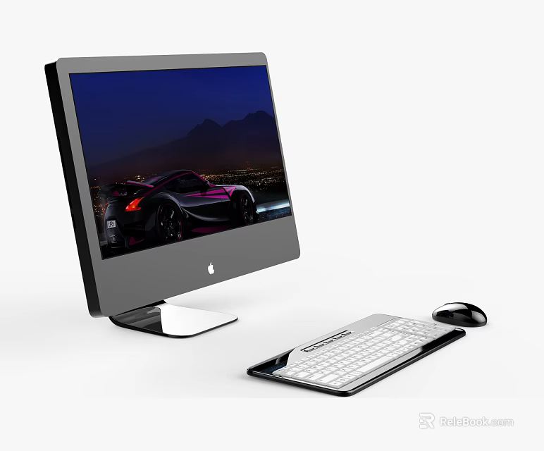 All in one computer displaying sports car night scene mountains city lights with keyboard mouse 3d model 