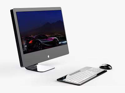 All in one computer displaying sports car night scene mountains city lights with keyboard mouse 3d model