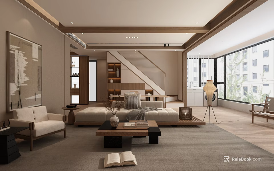 Modern Living Dining Room Interior Design With Sofa Coffee Table Rug And Natural Light 3d model 