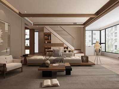 Modern Living Dining Room Interior Design With Sofa Coffee Table Rug And Natural Light 3d model