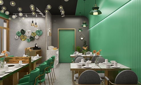 Green Theme Hot Pot Shop Food Tableware Tables and Chairs Flowers Green Plants Creative Lamps 3d model