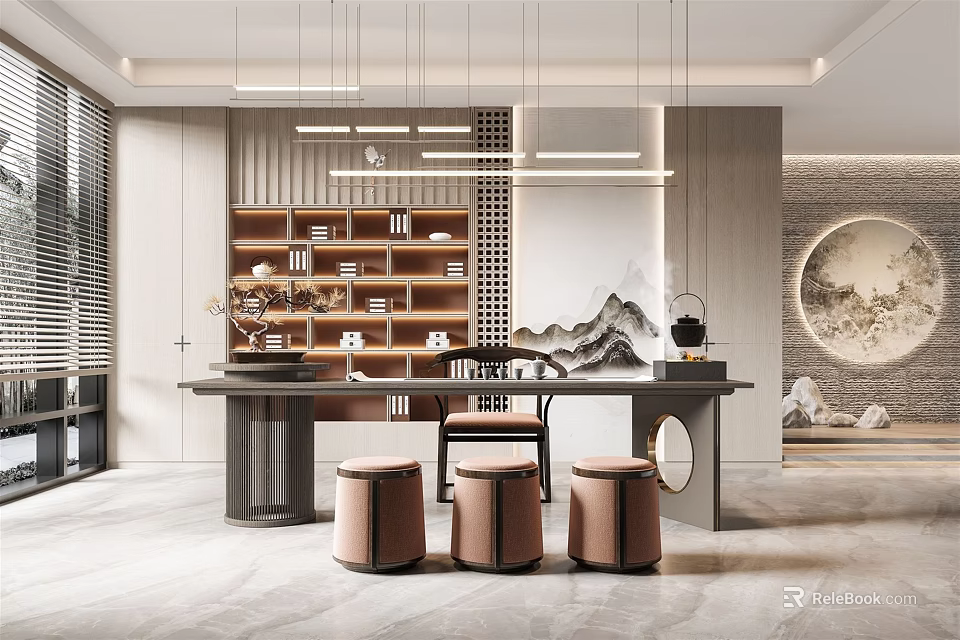 Modern Tea Room Interior With Wooden Bookshelf Table Pendant Lights Round Stools And Landscape Painting 3d model 
