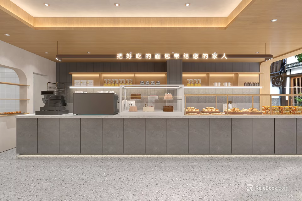 Modern Café Interior Design Featuring Bakery Display Case With Fresh Pastries And Counter 3d model 