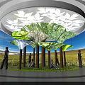 Modern Indoor Space Featuring Circular Ceiling Leaf Decorations Tree Structure And Large Screen Natural Landscape