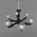 Chandelier with Black Wooden Frame and Six Patterned Glass Shades Hanging by Chain