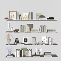 Modern Minimalist Decorative Ornament Combination On Floating Shelves With Books Statue Lamp And Vase