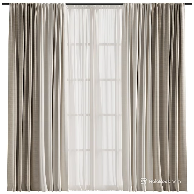 Beige Double Layer Curtains With Sheer Linen Panels For Window Decoration 3d model 