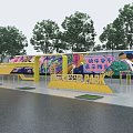 Vibrant Urban Park Garden Landscape With Colorful Murals Yellow Facilities And Trees