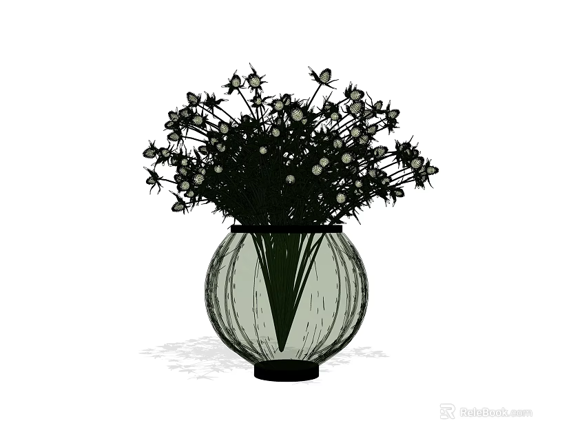 Decorative Transparent Glass Vase With Small White Flowers And Black Stems 3d model 