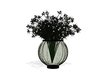 Decorative Transparent Glass Vase With Small White Flowers And Black Stems 3d model