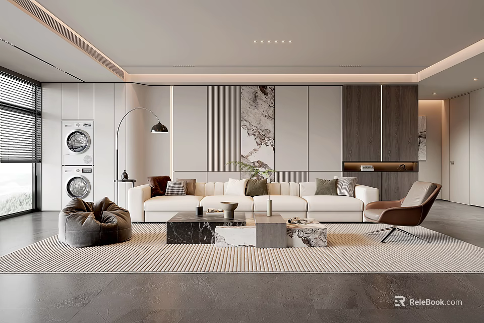 Modern Living Room Interior With White Sofa Gray Bean Bag Chair And Marble Coffee Table 3d model 