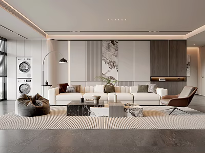 Modern Living Room Interior With White Sofa Gray Bean Bag Chair And Marble Coffee Table 3d model