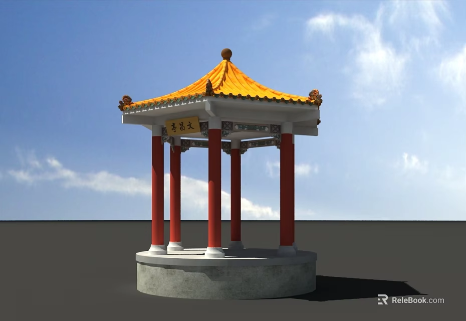 Traditional Chinese Pavilion With Orange Curved Roof Red Pillars Elegant Eaves And Stone Base 3d model 