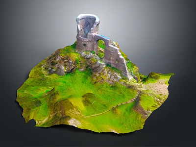 Cartoon Scene With Ruined Stone Tower On Green Grass Hill And Rocks 3d model