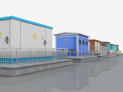 Colorful Modular Utility Buildings With Warning Signs And Metal Railings On Platform 3d model