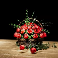 Fresh Red Roses In Decorative Wicker Basket With Green Leaves On Wooden Table Black Background