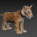 3D Model of Baby Tiger With Brown Black Stripes Blue Eyes on Black Background