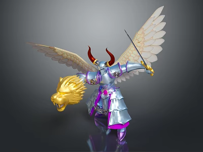 Fantasy Game Warrior Character With Golden Wings Red Horns Silver Armor And Lion Head Sword 3d model