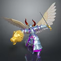 Fantasy Game Warrior Character With Golden Wings Red Horns Silver Armor And Lion Head Sword