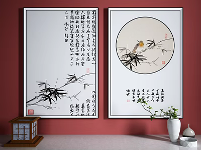Chinese Style Decor With Wall Paintings Bamboo Bird And Calligraphy Characters On Red Background 3d model