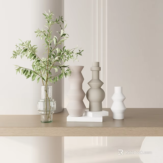 Green Plant In Glass Vase And Ceramic Vases On Wooden Table Light Wall 3d model 