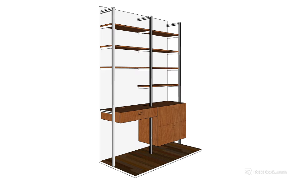 Modern Bookcase Design With Metal Frame Wooden Shelves And Lower Drawer Cabinet 3d model 