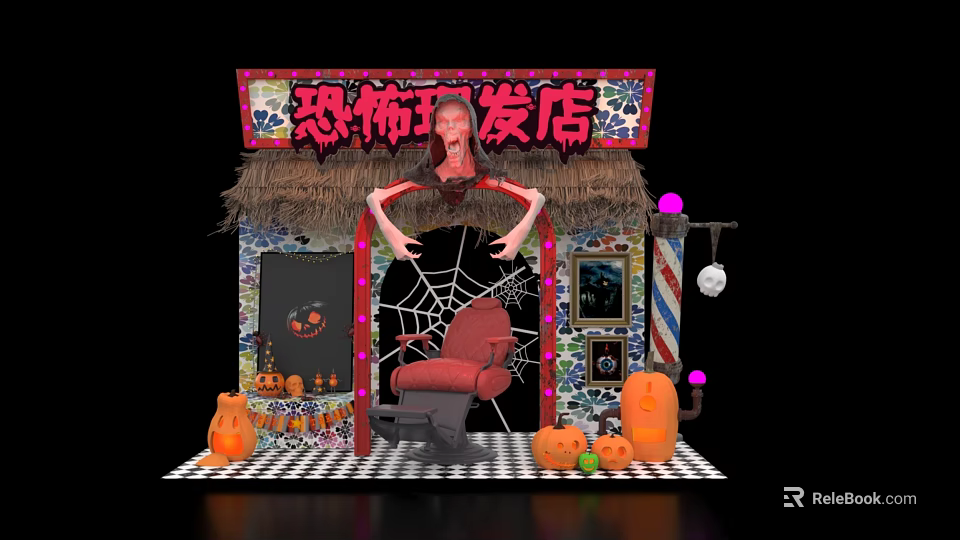 Spooky Horror Barber Shop Photo Spot With Barber Chair Spider Web And Pumpkins 3d model 