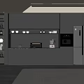 Modern Kitchen Sideboard Design Featuring Black Cabinets Open Shelves Marble Countertop And Appliances