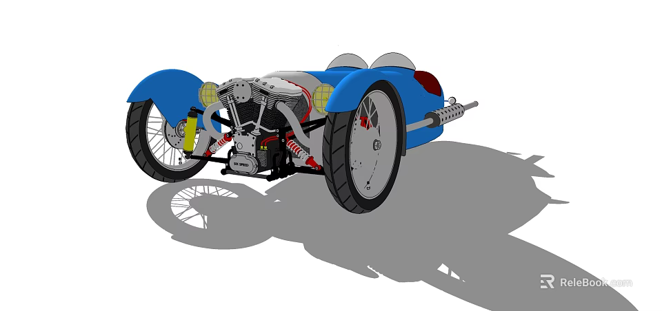Blue Vintage Three Wheeled Car With Exposed Engine And Large Wheels 3d model 
