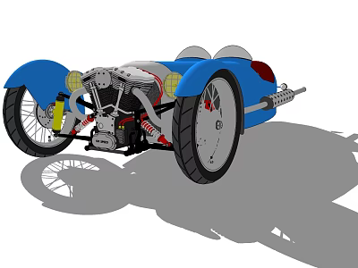 Blue Vintage Three Wheeled Car With Exposed Engine And Large Wheels 3d model