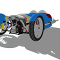 Blue Vintage Three Wheeled Car With Exposed Engine And Large Wheels