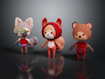 Cute Game Movie Characters Gray Fox With Goggles Orange Fox in Red Hood Brown Bear 3d model