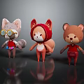 Cute Game Movie Characters Gray Fox With Goggles Orange Fox in Red Hood Brown Bear