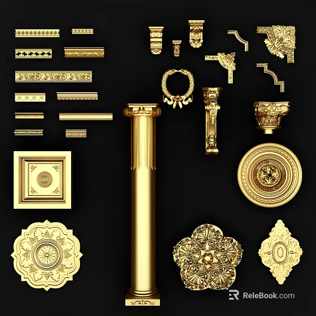 Detailed Golden Decorative Carvings In Various Shapes For Interior Ornamental Design 3d model 