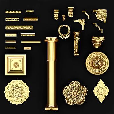 Detailed Golden Decorative Carvings In Various Shapes For Interior Ornamental Design 3d model