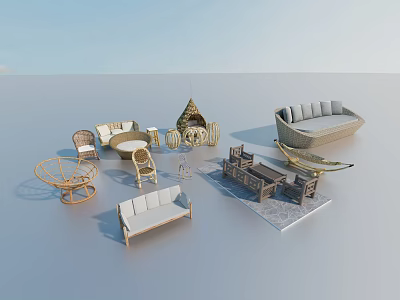 Stylish Leisure Chairs Featuring Wicker Details and Wooden Structures with Coffee Tables in Modern Style 3d model