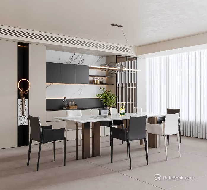 Elegant Modern Restaurant Interior With Marble Dining Table Green Plants And Stylish Chairs 3d model 