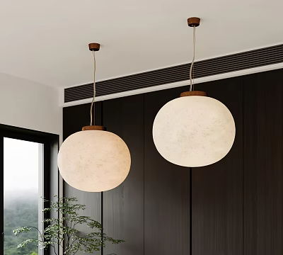 Modern Round Pendant Lights With Beige Shades Wooden Canopies Dark Walls Window And Green Plant 3d model
